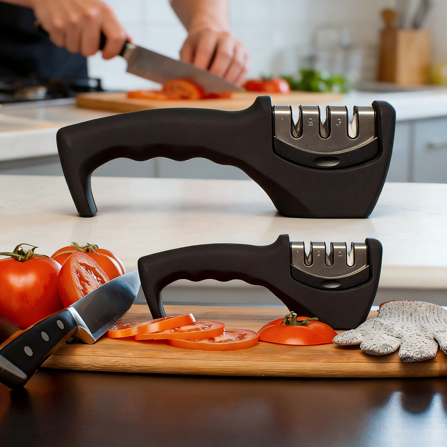3-Stage Knife Sharpener with Cut-Resistant Glove, Tungsten Steel & Ceramic Rods