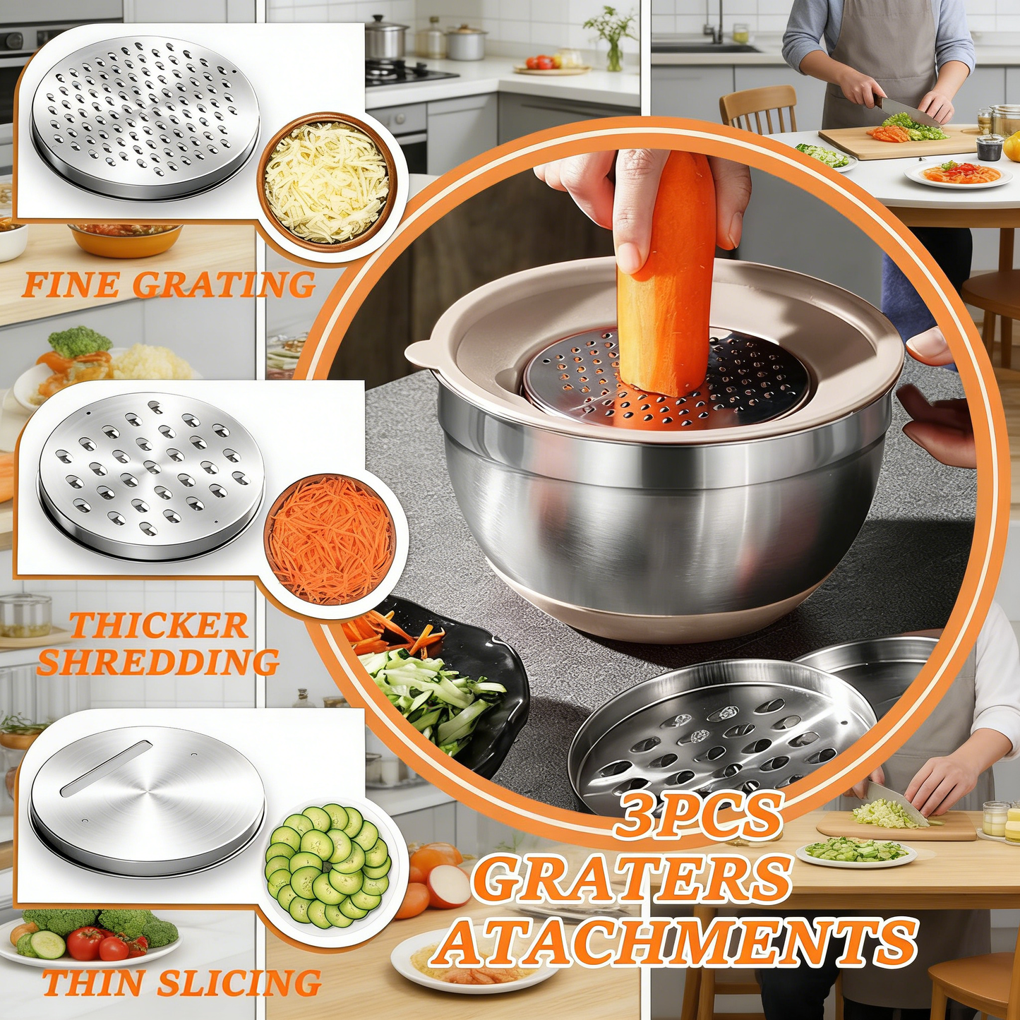 Stainless Steel Mixing Bowls Set with Airtight Lids & Grater Attachments, Complete Kitchen Prep Kit