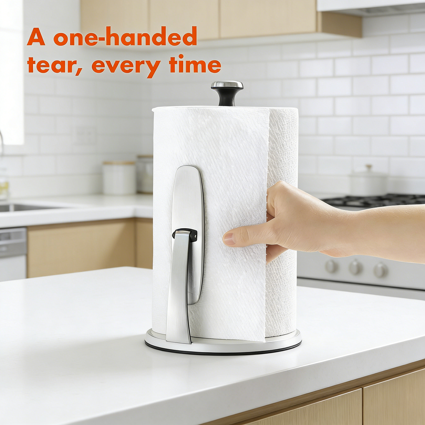 Stainless Steel Standing Paper Towel Holder with One-Handed Tear, Spring-Loaded Arm