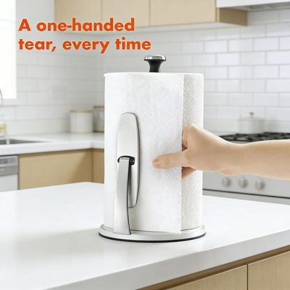 Stainless Steel Standing Paper Towel Holder with One-Handed Tear, Spring-Loaded Arm