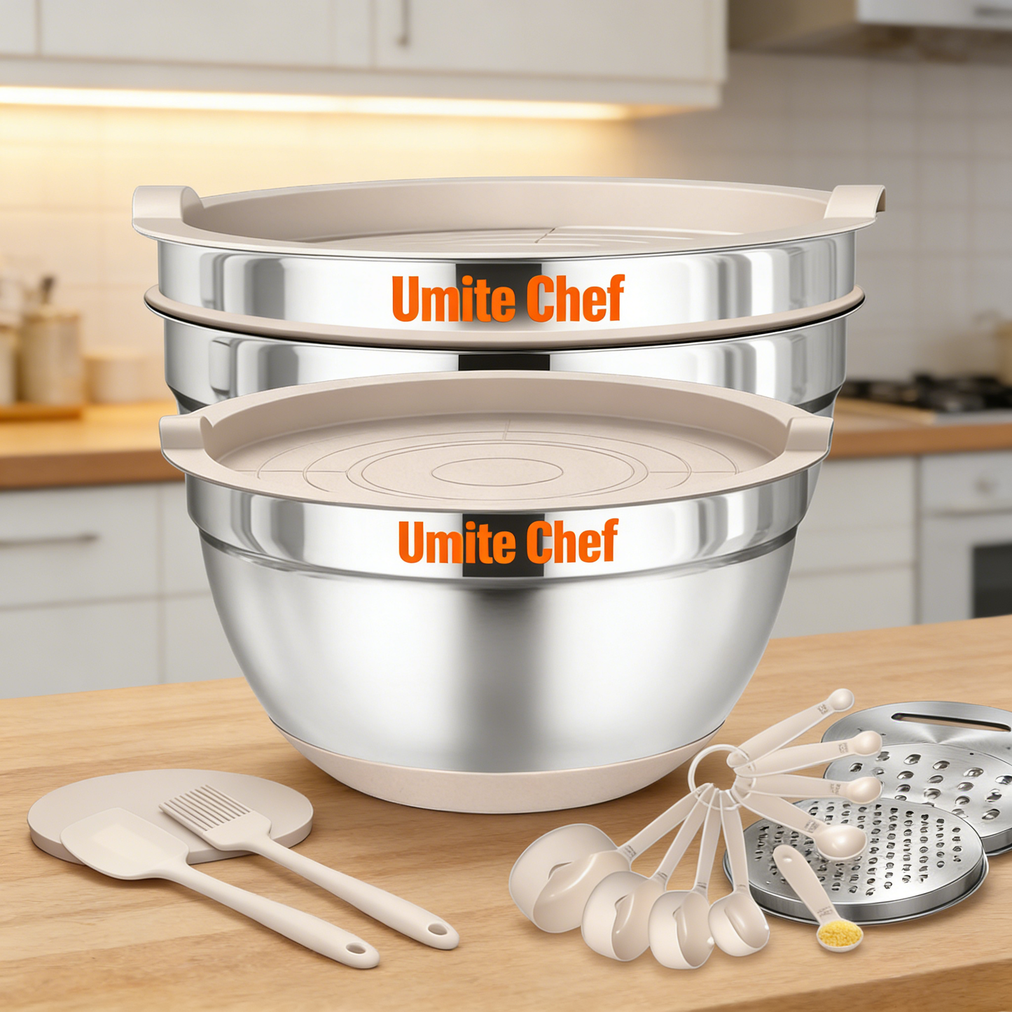 Stainless Steel Mixing Bowls Set with Airtight Lids & Grater Attachments, Complete Kitchen Prep Kit