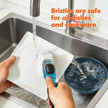 Soap Dispensing Dish Brush with Built-in Scraper, Non-Slip Grip Kitchen Cleaning Brush
