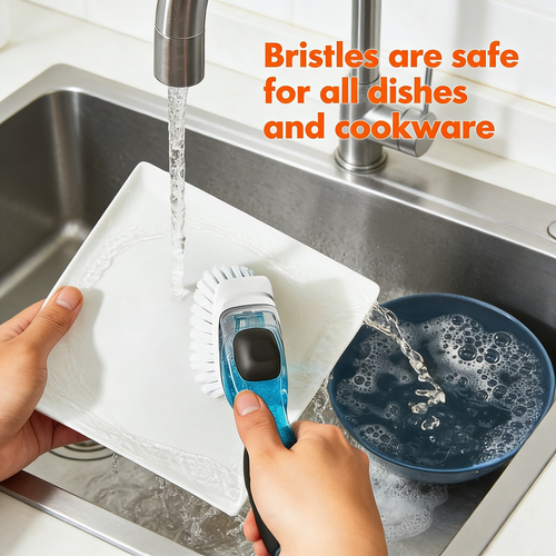 Soap Dispensing Dish Brush with Built-in Scraper, Non-Slip Grip Kitchen Cleaning Brush
