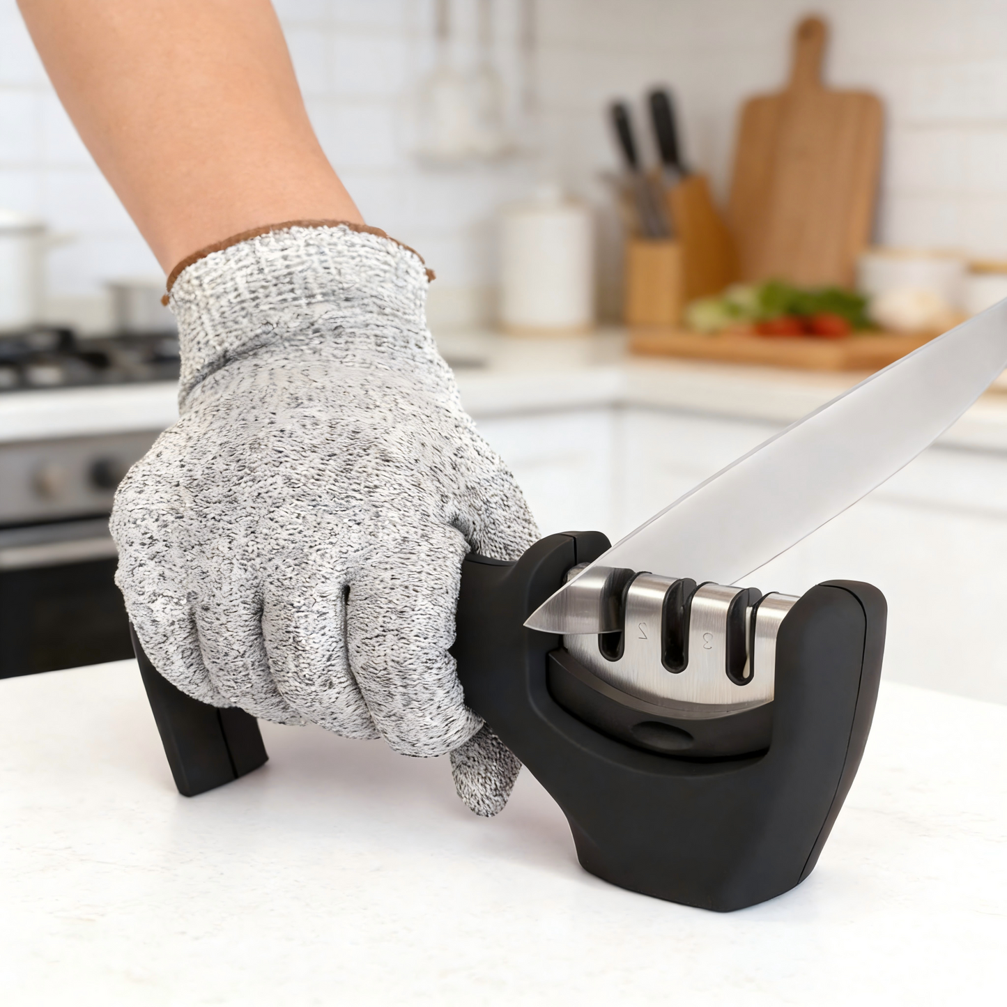 3-Stage Knife Sharpener with Cut-Resistant Glove, Tungsten Steel & Ceramic Rods