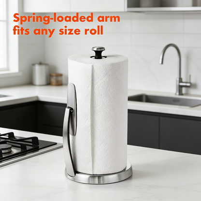 Stainless Steel Standing Paper Towel Holder with One-Handed Tear, Spring-Loaded Arm