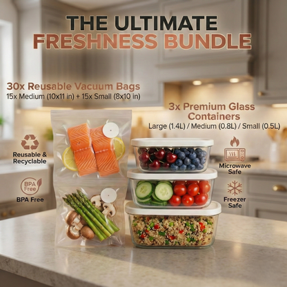 SageLiving  Handheld Vacuum Sealer Kit with Glass Containers & Reusable Bags, Food Freshness Bundle