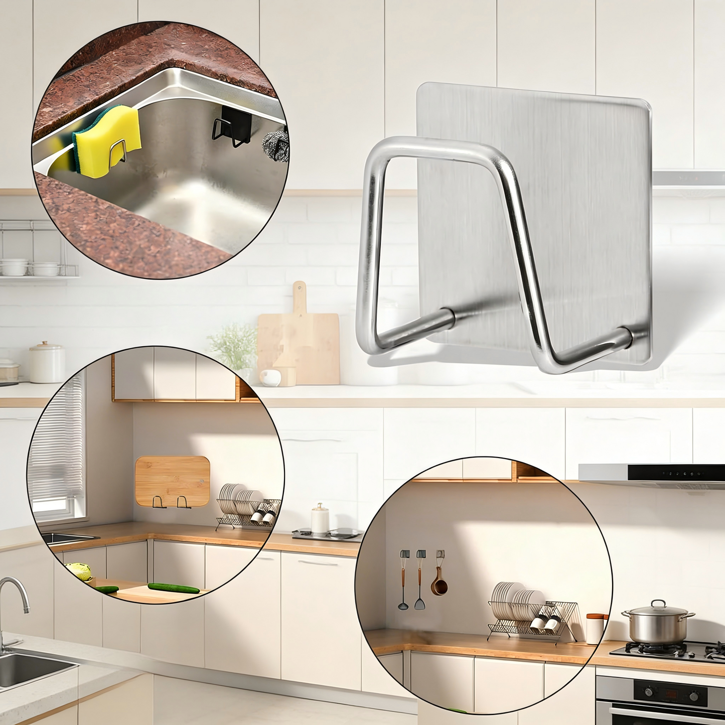 Adhesive Kitchen Sink Sponge Holder, No-Drill Stainless Steel Organizer Hook