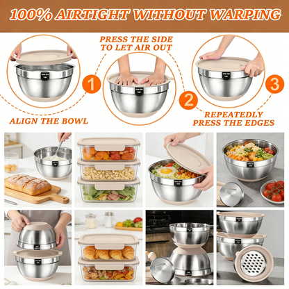 Stainless Steel Mixing Bowls Set with Airtight Lids & Grater Attachments, Complete Kitchen Prep Kit