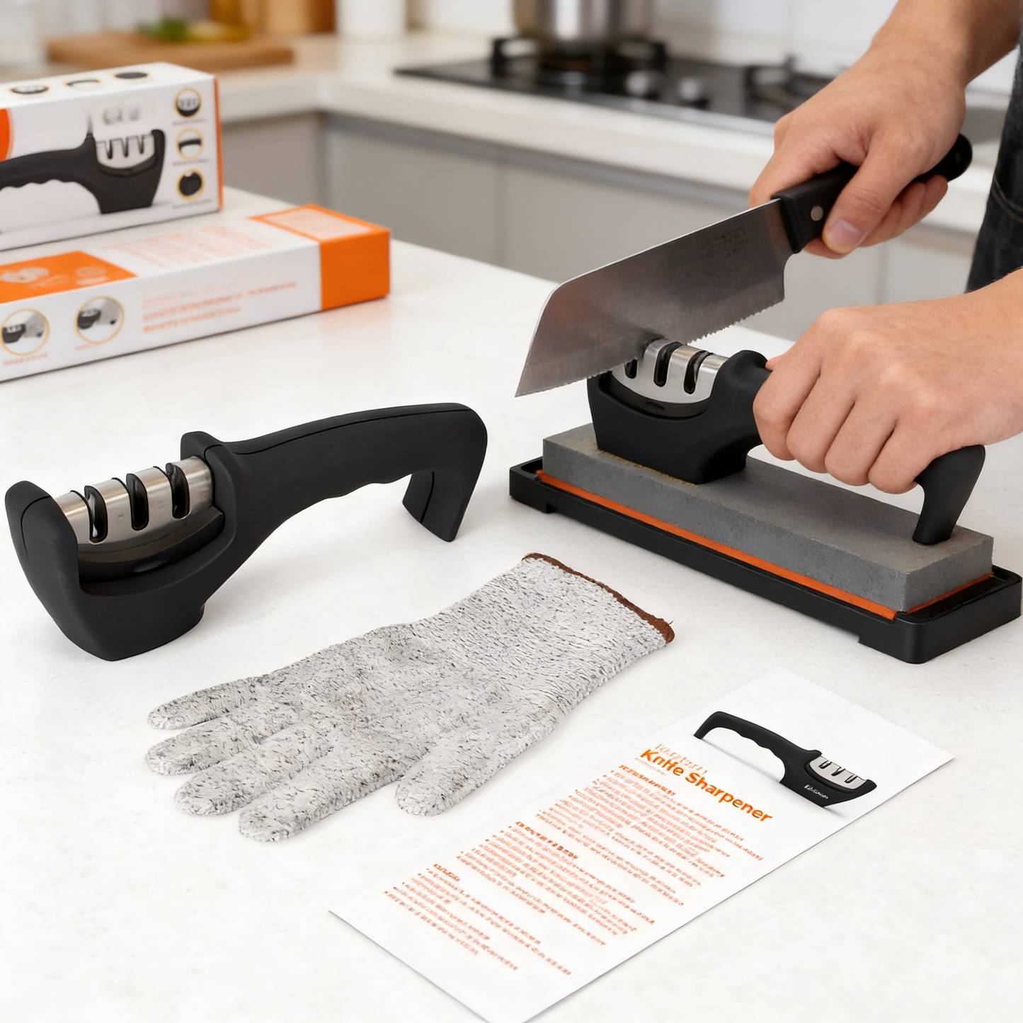 3-Stage Knife Sharpener with Cut-Resistant Glove, Tungsten Steel & Ceramic Rods
