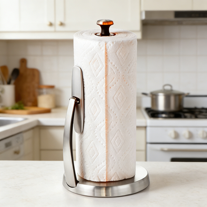 Stainless Steel Standing Paper Towel Holder with One-Handed Tear, Spring-Loaded Arm