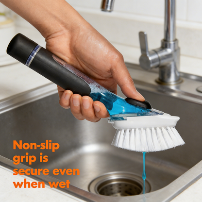 Soap Dispensing Dish Brush with Built-in Scraper, Non-Slip Grip Kitchen Cleaning Brush
