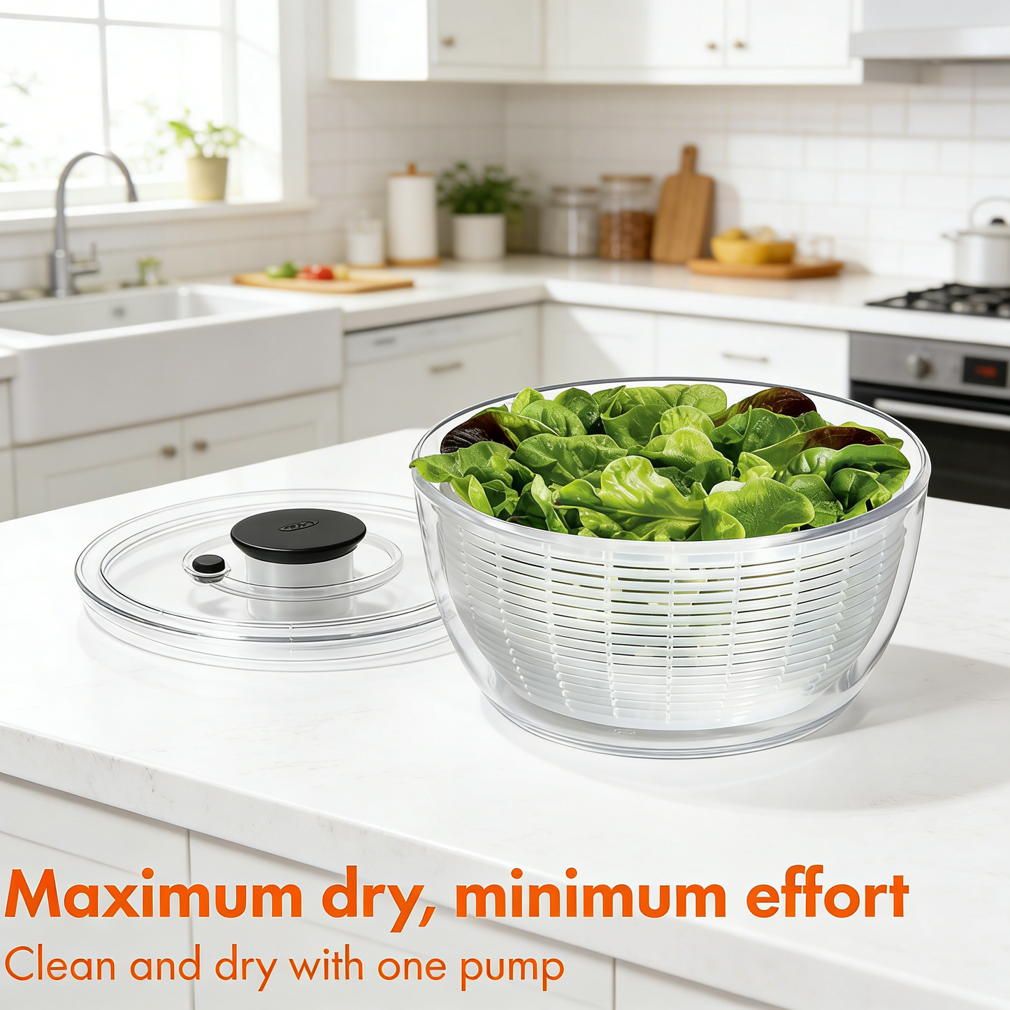One-Pump Salad Spinner with Brake Button, Non-Slip Base & Dishwasher Safe