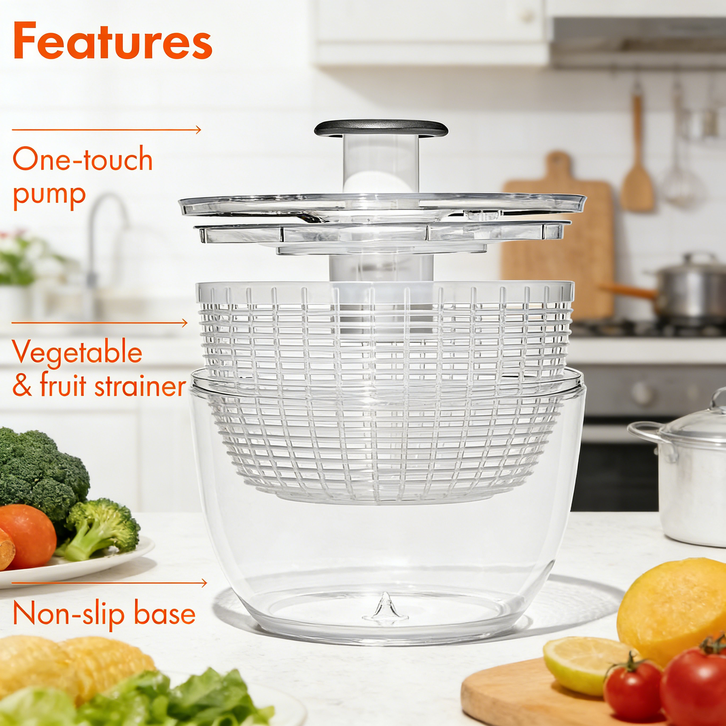 One-Pump Salad Spinner with Brake Button, Non-Slip Base & Dishwasher Safe