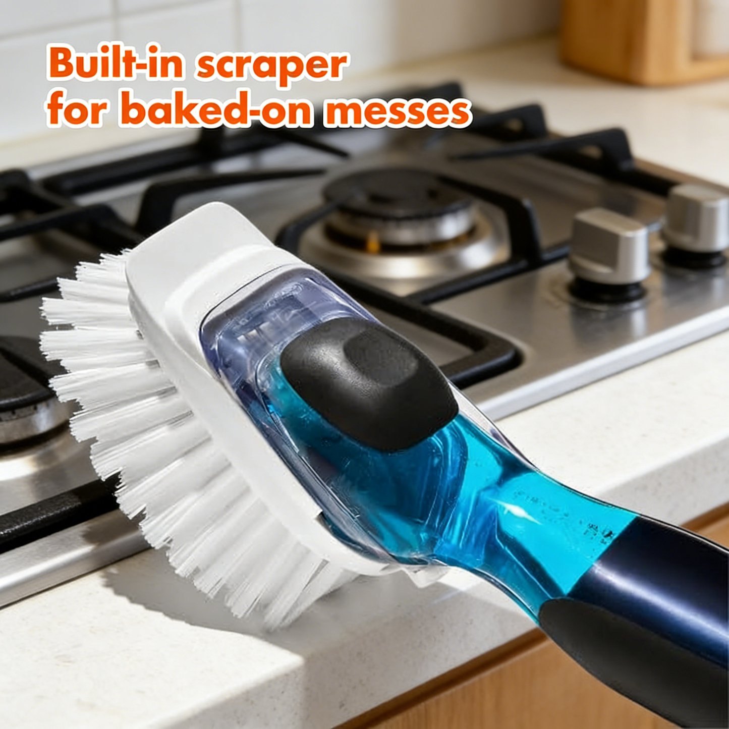 Soap Dispensing Dish Brush with Built-in Scraper, Non-Slip Grip Kitchen Cleaning Brush