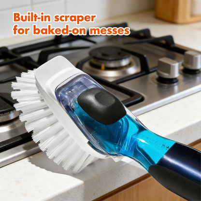 Soap Dispensing Dish Brush with Built-in Scraper, Non-Slip Grip Kitchen Cleaning Brush