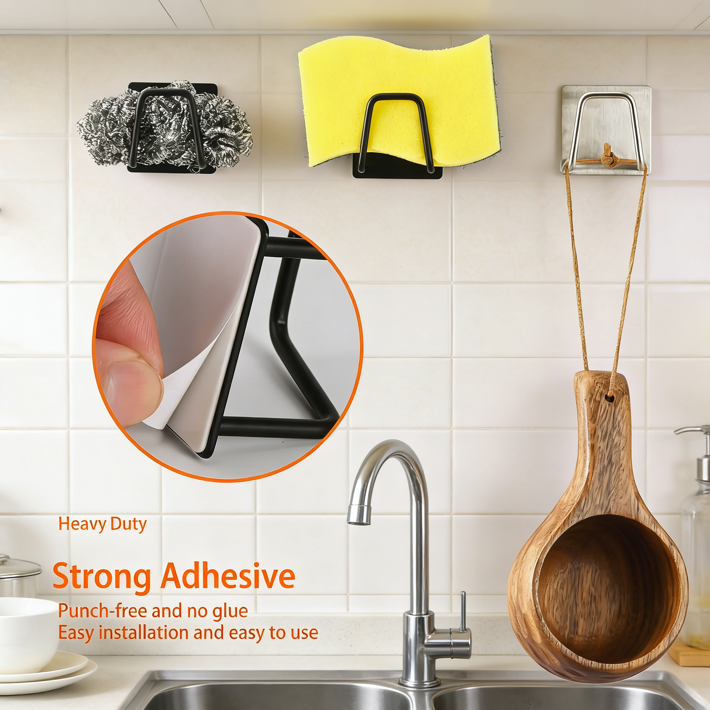 Adhesive Kitchen Sink Sponge Holder, No-Drill Stainless Steel Organizer Hook