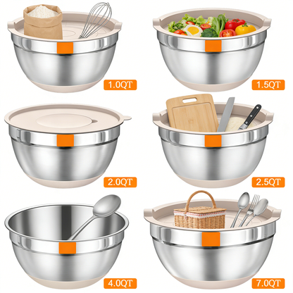 Stainless Steel Mixing Bowls Set with Airtight Lids & Grater Attachments, Complete Kitchen Prep Kit