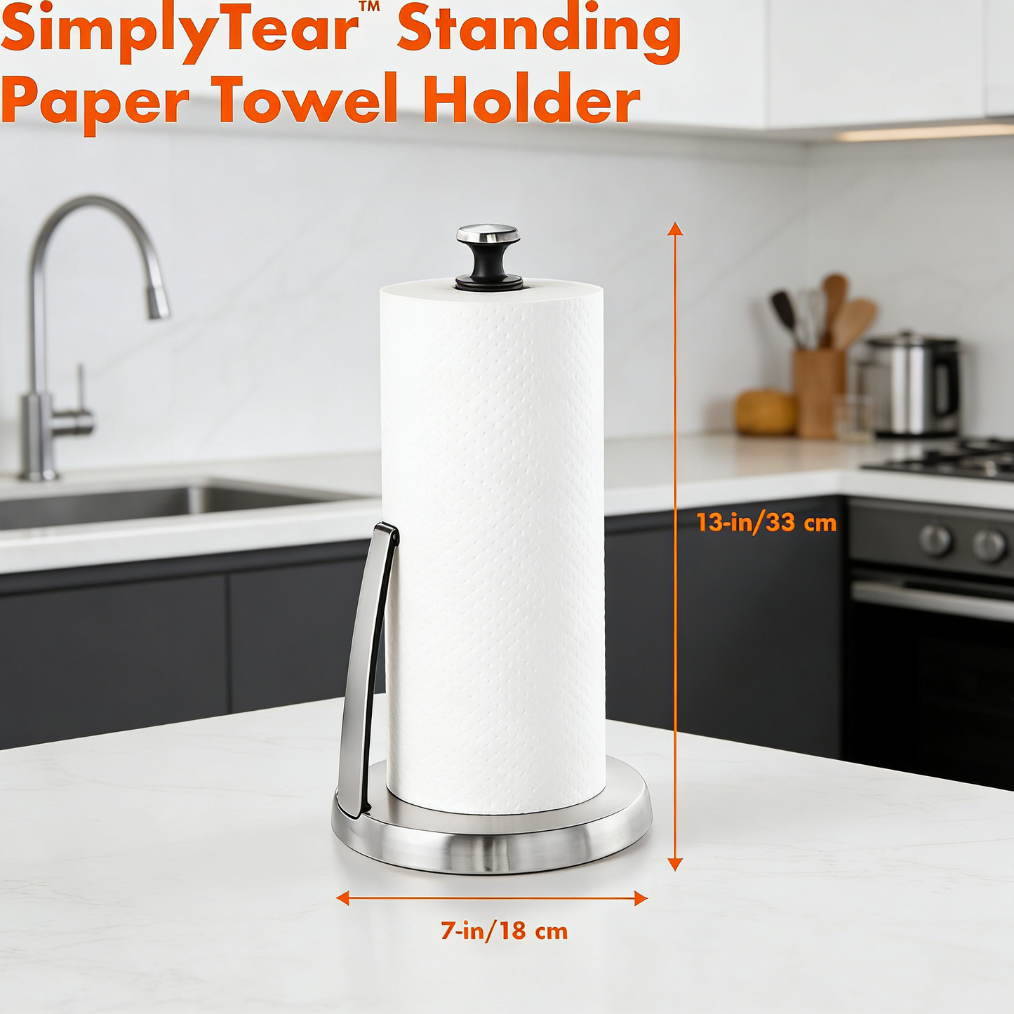 Stainless Steel Standing Paper Towel Holder with One-Handed Tear, Spring-Loaded Arm