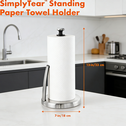 Stainless Steel Standing Paper Towel Holder with One-Handed Tear, Spring-Loaded Arm
