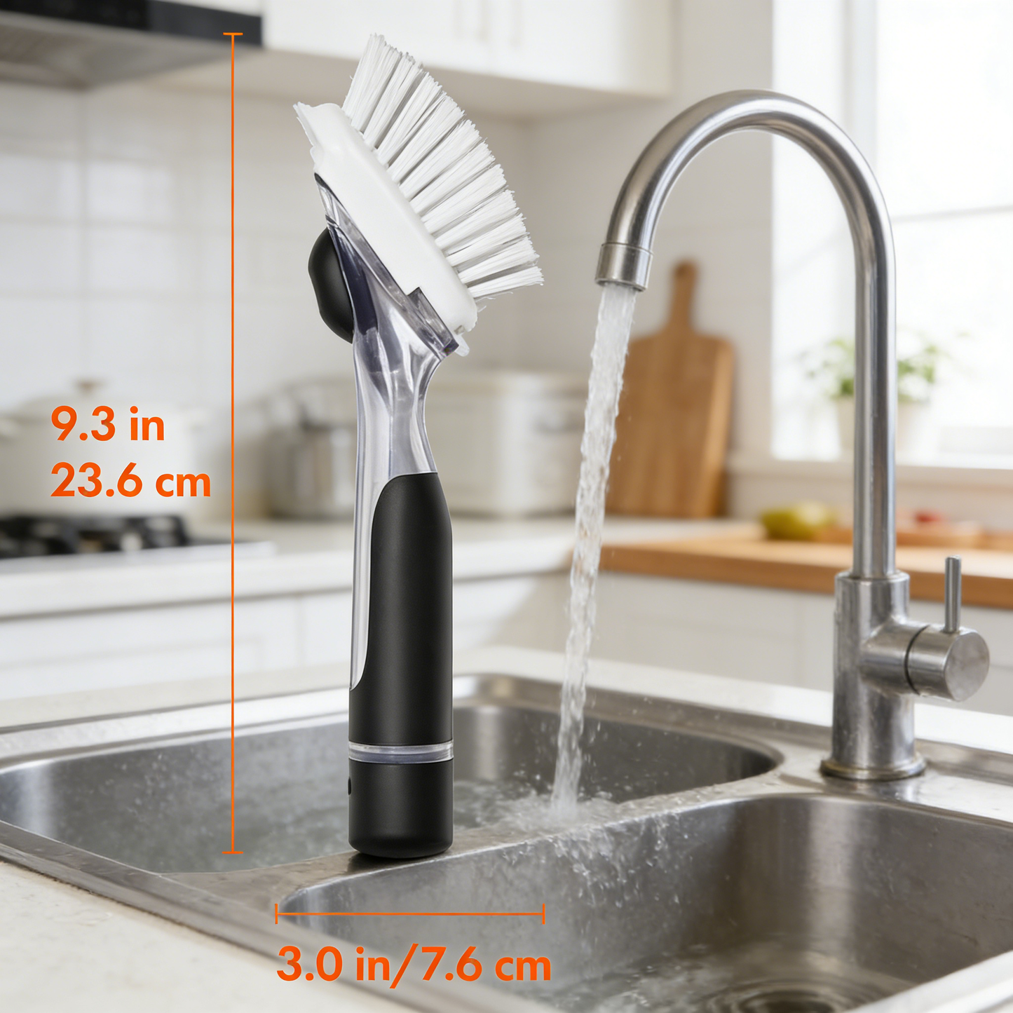 Soap Dispensing Dish Brush with Built-in Scraper, Non-Slip Grip Kitchen Cleaning Brush