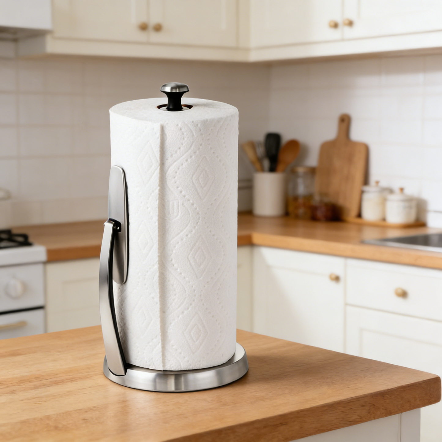 Stainless Steel Standing Paper Towel Holder with One-Handed Tear, Spring-Loaded Arm