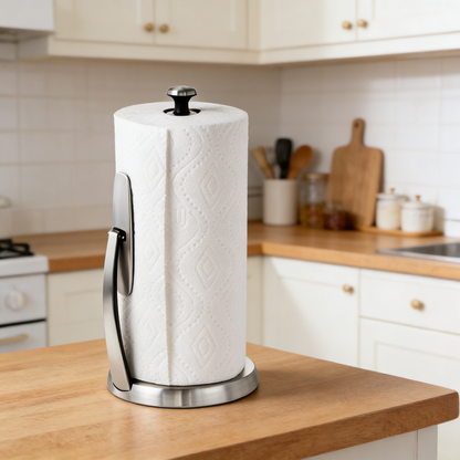 Stainless Steel Standing Paper Towel Holder with One-Handed Tear, Spring-Loaded Arm