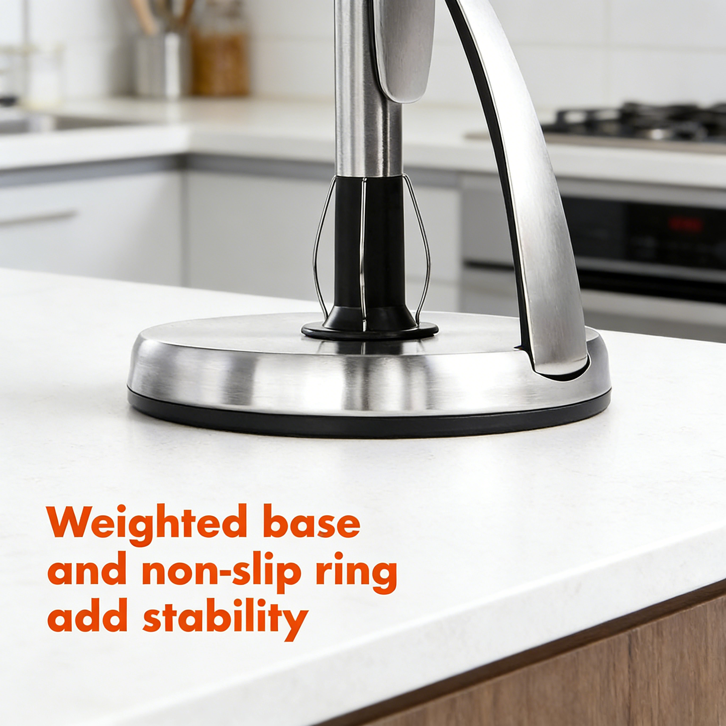 Stainless Steel Standing Paper Towel Holder with One-Handed Tear, Spring-Loaded Arm