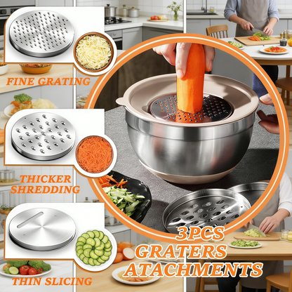 Stainless Steel Mixing Bowls Set with Airtight Lids & Grater Attachments, Complete Kitchen Prep Kit